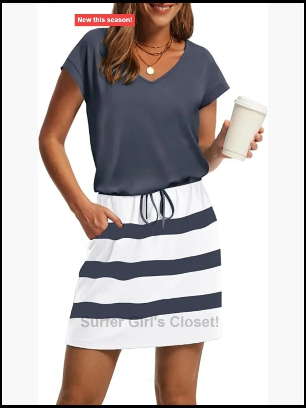 V Neck Tie Waist Casual Mini Sundress with Pockets